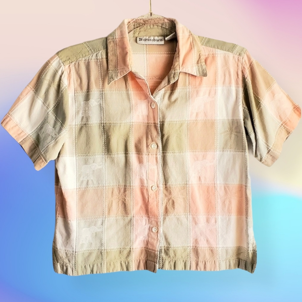 🐘Vintage Elephant & Palm Checkered Cropped Button-down🌴